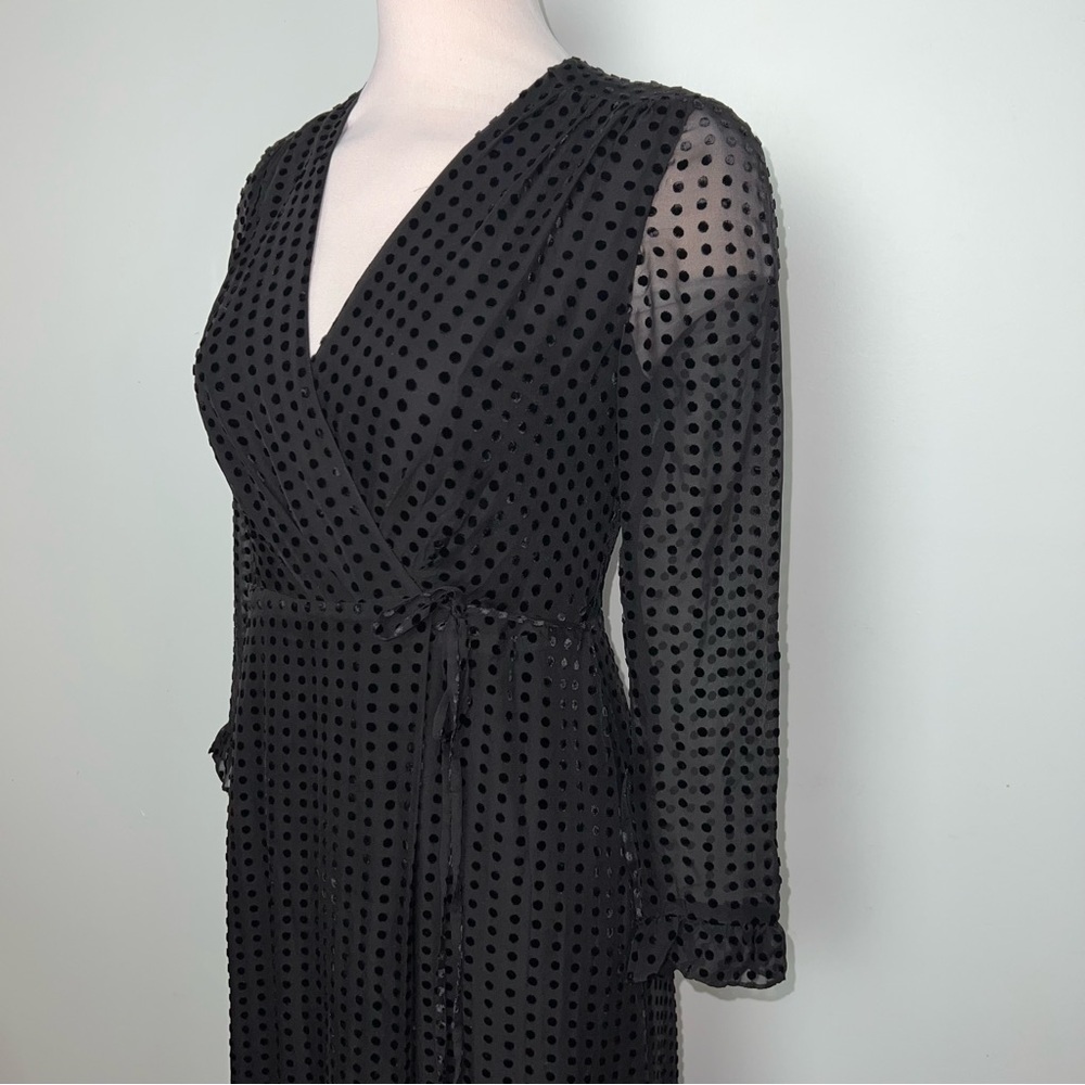 Whistles Black Flocked Polka Dot Wrap Midi Dress US 4 - Picture 6 of 15